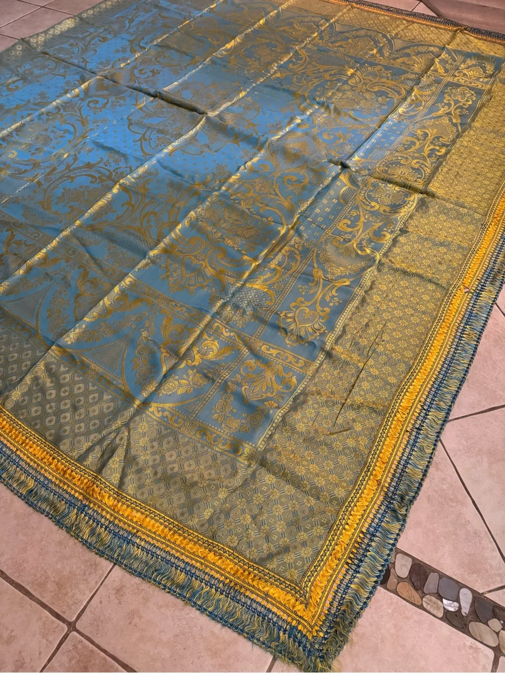 Large Blue Gold Jacquard Decorator Textile Fabric Panel 90x107 Fringe Like New